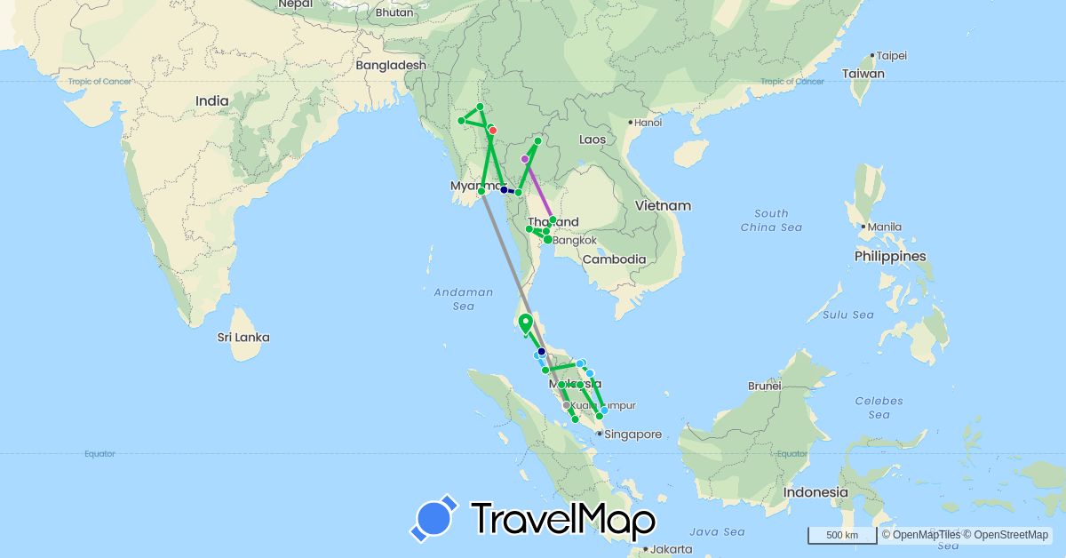 TravelMap itinerary: driving, bus, plane, train, hiking, boat in Myanmar (Burma), Malaysia, Thailand (Asia)